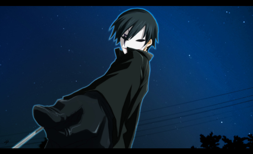 1boy, bad_id, bad_pixiv_id, black_gloves, black_hair, byon, darker_than_black, gloves, hei_(darker_than_black), highres, letterboxed, male_focus, mask, night, sky, solo, wire