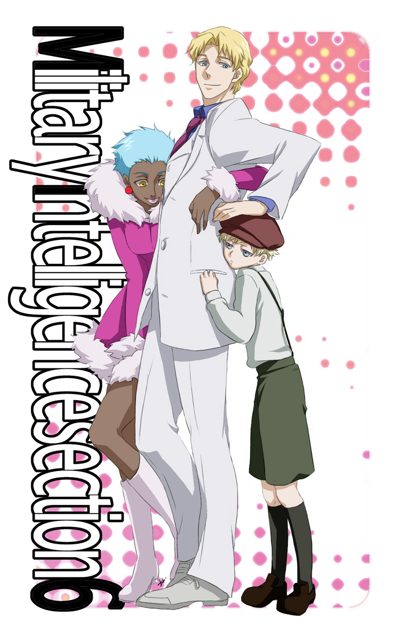 1girl, 2boys, april_(darker_than_black), blonde_hair, blue_hair, byon, newsboy_cap, dark_skin