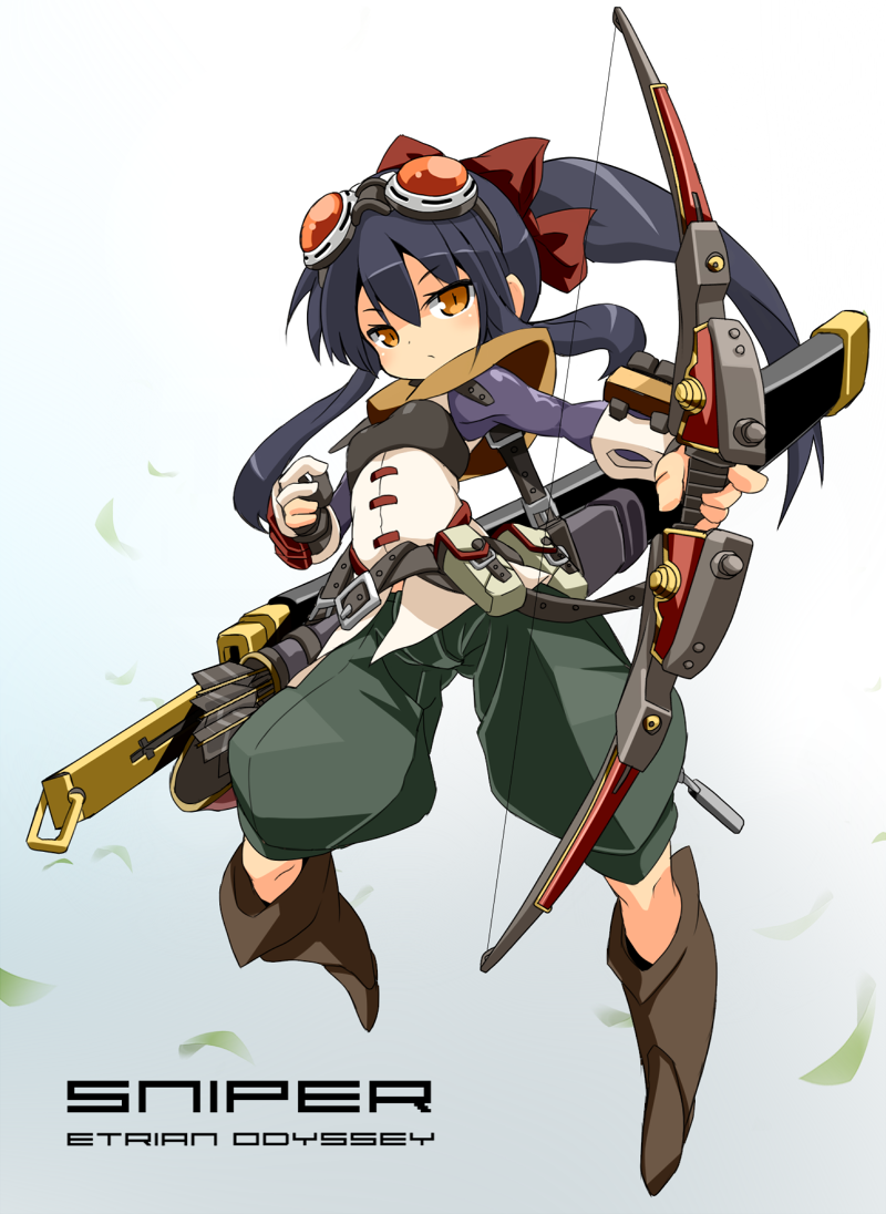 1girl, arrow_(projectile), belt, belt_pouch, black_hair, blush, boots, bow