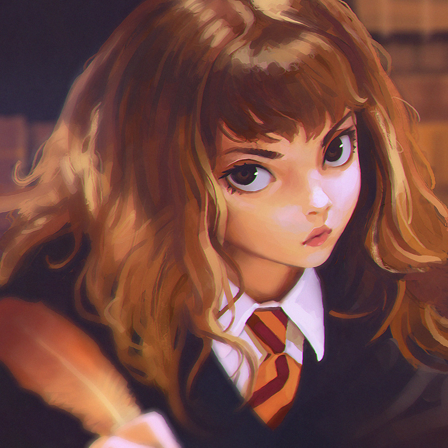 1girl, blurry, brown_eyes, brown_hair, depth_of_field, derivative_work, female_focus, harry_potter_(series), hermione_granger, hogwarts_school_uniform, ilya_kuvshinov, indoors, lips, long_hair, looking_at_viewer, necktie, quill, robe, school_uniform, solo, wavy_hair, wizarding_world