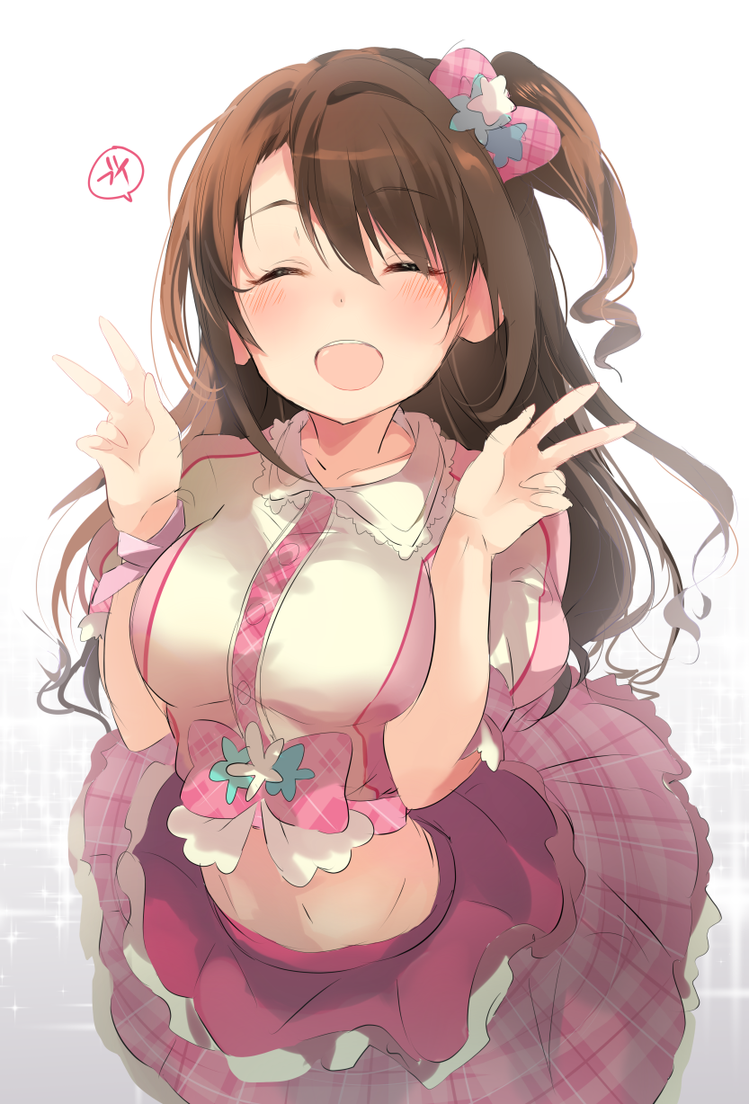 10s, 1girl, :d, ^_^, blush, bow, brown_hair, closed_eyes