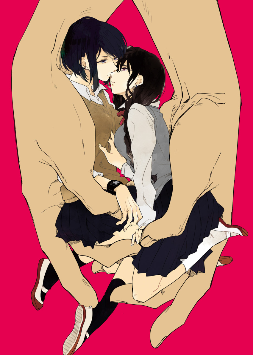 2girls, aono_nachi, black_hair, black_skirt, black_socks, braid, textless_cover_page, earrings