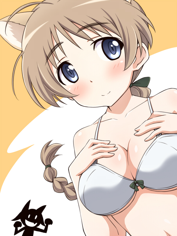 2girls, ahoge, animal_ears, blue_eyes, blush, bow, bow_bra, bra