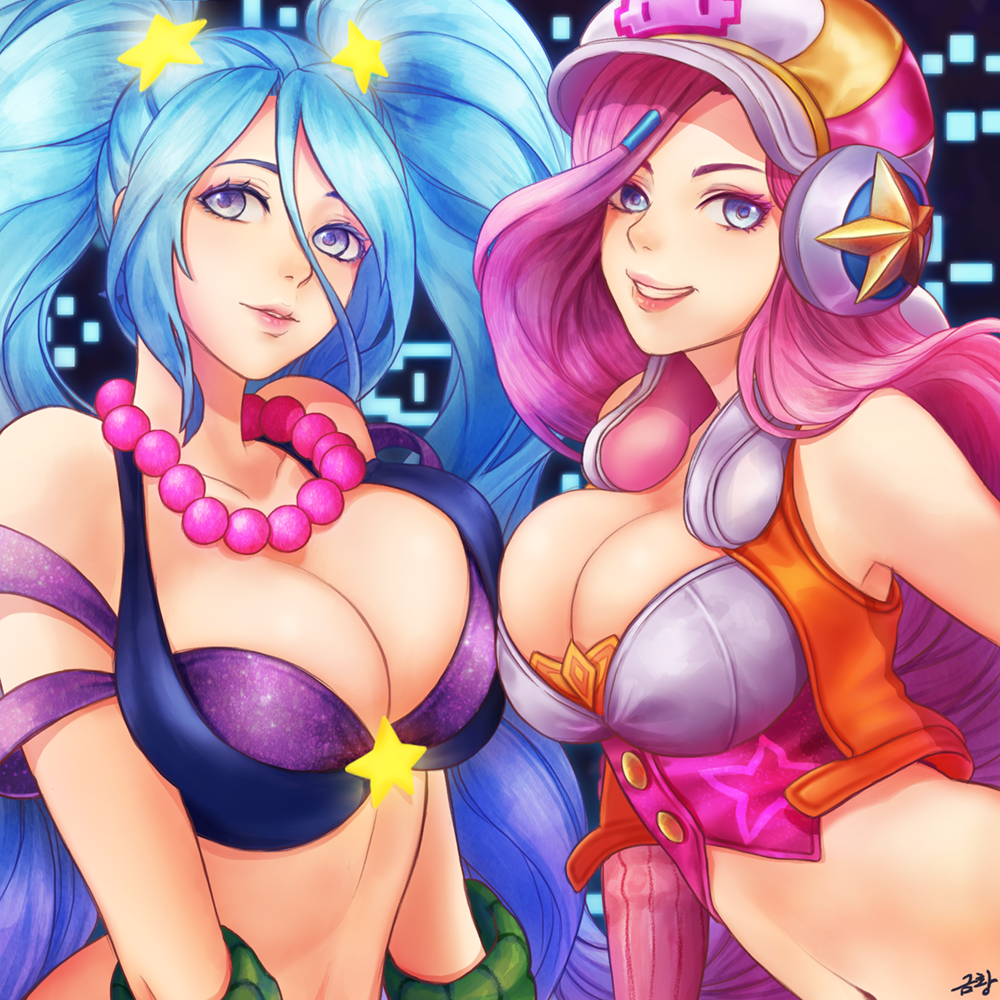 2girls, alternate_costume, alternate_hair_color, arcade_miss_fortune, arcade_sona, bad_id, bad_pixiv_id, blue_eyes, breast_press, breasts, newsboy_cap, crop_top, hat, large_breasts, league_of_legends, lips, lipstick, long_hair, looking_at_viewer, makeup, midriff, miss_fortune_(league_of_legends), multiple_girls, parted_lips, pink_hair, sona_(league_of_legends), tasselcat, twintails, wavy_hair