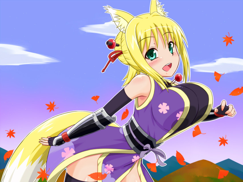 10s, 1girl, animal_ears, autumn_leaves, bare_shoulders, blonde_hair, blush, bouncing_breasts