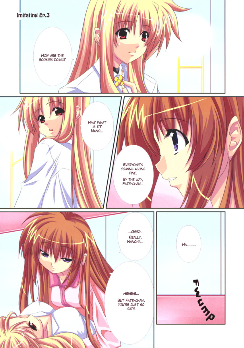 00s, 2girls, blonde_hair, english_text, fate_testarossa, hard-translated, highres, ichino