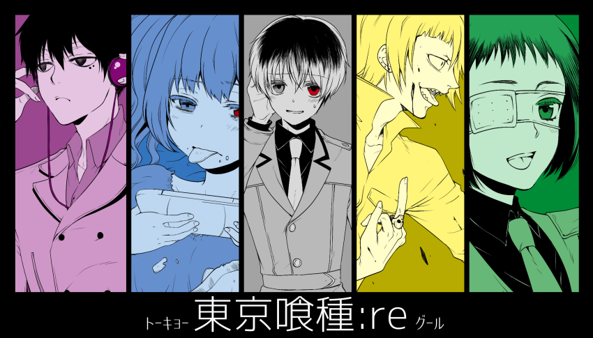 10s, 2girls, 3boys, black_hair, blue_eyes, blue_hair, coat, column_lineup