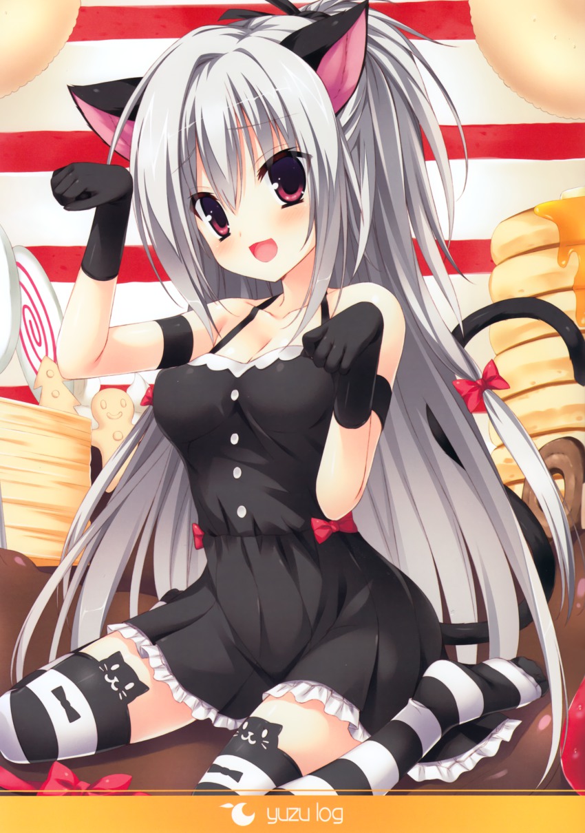 1girl, absurdres, animal_ears, animal_hands, any_(trueblue), black_thighhighs, breasts, candy