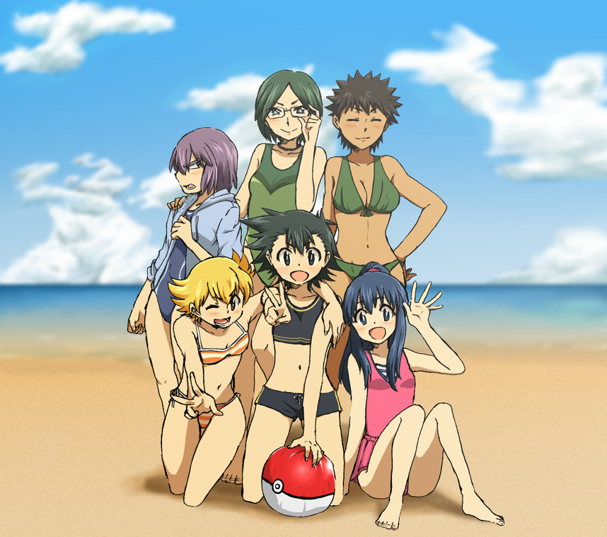 6+girls, angry, ash_ketchum, ball, barry_(pokemon), beach, beachball, bikini