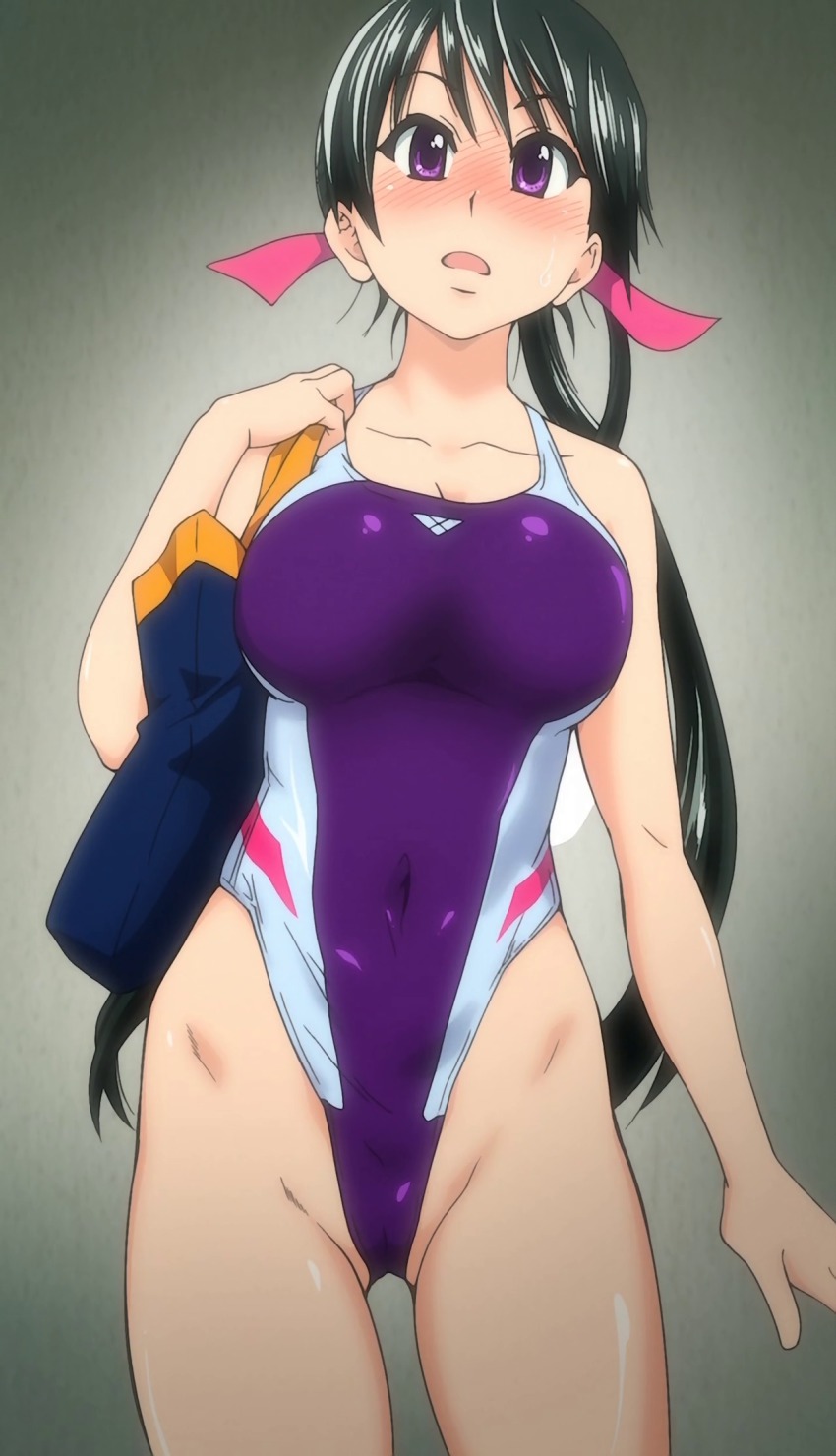 10s, 1girl, anime_screenshot, black_hair, blush, competition_swimsuit, female_focus, highres, kiritani_konome, one-piece_swimsuit, peace_hame, purple_eyes, solo, standing, stitched, swimsuit, third-party_edit