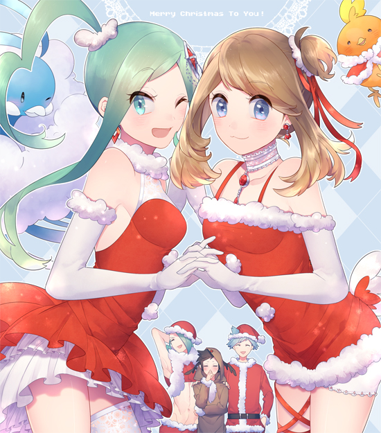 10s, 2girls, 3boys, altaria, animal_costume, aqua_eyes, aqua_hair, blue_eyes, brendan_(pokemon), brendan_(pokemon_oras), brown_hair, elbow_gloves, gen_3_pokemon, gloves, hat, lisia_(pokemon), may_(pokemon), may_(pokemon_oras), midriff, mikko_(mim_mikko), multiple_boys, multiple_girls, navel, nintendo, one_eye_closed, pokemon, pokemon_(creature), pokemon_omega_ruby_and_alpha_sapphire, reindeer_costume, santa_costume, santa_hat, single_thighhigh, steven_stone, thighhighs, torchic, wallace_(pokemon)