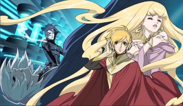 1girl, 3boys, black_hair, blonde_hair, cape, earrings, closed_eyes, headphones