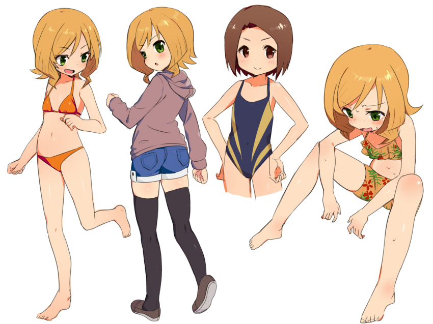2girls, bad_id, barefoot, bikini, black_legwear, blonde_hair, blush, brown_eyes