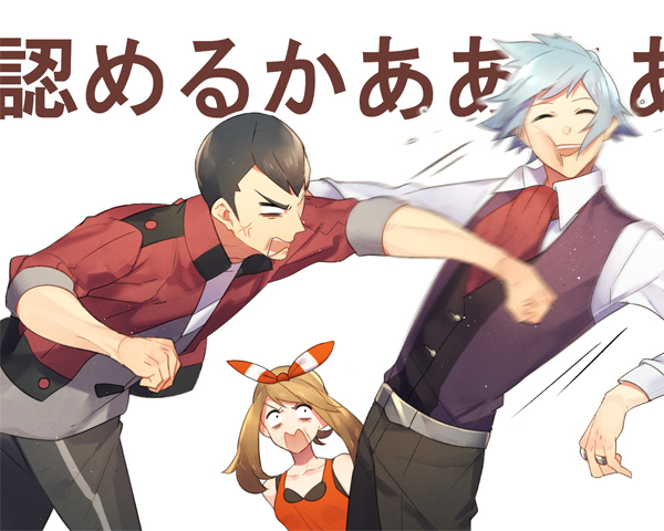 10s, 1girl, 2boys, age_difference, anger_vein, bare_shoulders, black_hair, brown_hair, father_and_child, father_and_daughter, gym_leader, hair_ornament, hair_ribbon, jacket, jewelry, long_hair, may_(pokemon), may_(pokemon_oras), mikko_(mim_mikko), multiple_boys, nintendo, norman_(pokemon), open_mouth, parent_and_child, pokemon, pokemon_omega_ruby_and_alpha_sapphire, punching, ribbon, ring, short_hair, silver_hair, smile, steven_stone, translation_request, vest