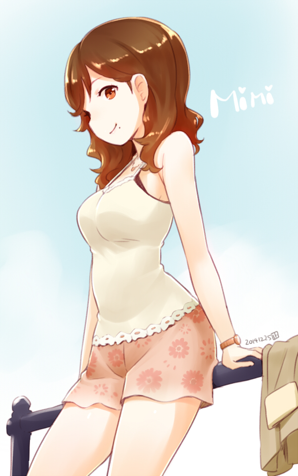 1girl, 2014, arm_support, bare_shoulders, brown_eyes, brown_hair, camisole, dated