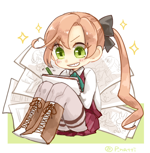 10s, 1girl, akigumo_(kancolle), brown_hair, drawing, female_focus, green_eyes, grin