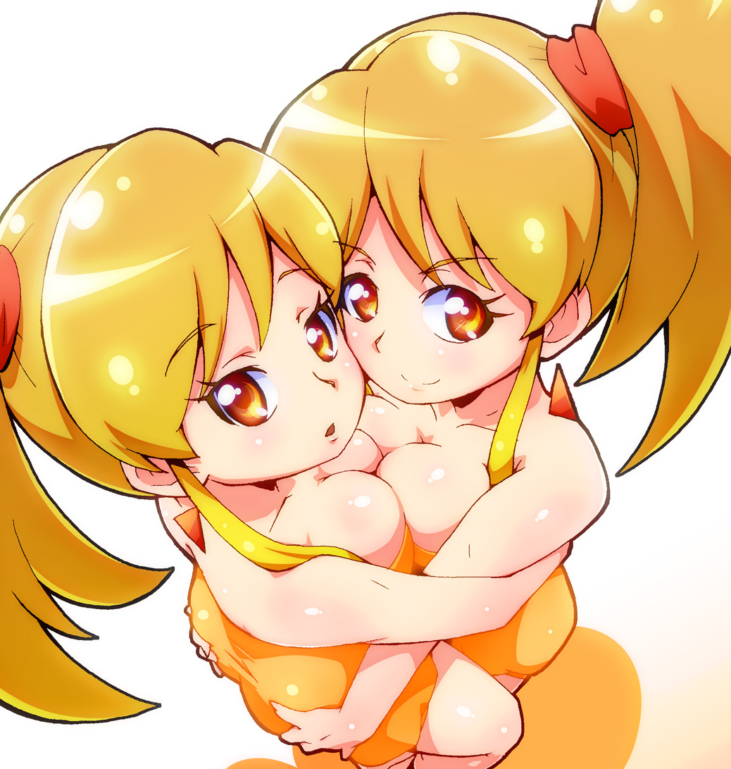 10s, 2girls, ass, ass_grab, breast_press, breasts, cleavage, cure_gonna, cure_pantaloni, earrings, happinesscharge_precure!, hug, jewelry, large_breasts, lingerie, multiple_girls, orange_eyes, orange_hair, precure, ryuuta_(cure_ryuuta), short_hair, siblings, side_ponytail, sisters, smile, twins, underwear, white_background, yuri
