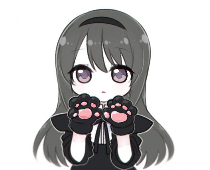 10s, 1girl, akemi_homura, akemi_homura_(black_dress), bear_paws, black_hair, dress, fc_(efushii), female_focus, funeral_dress, hairband, long_hair, looking_at_viewer, mahou_shoujo_madoka_magica, mahou_shoujo_madoka_magica:_hangyaku_no_monogatari, purple_eyes, simple_background, solo, white_background