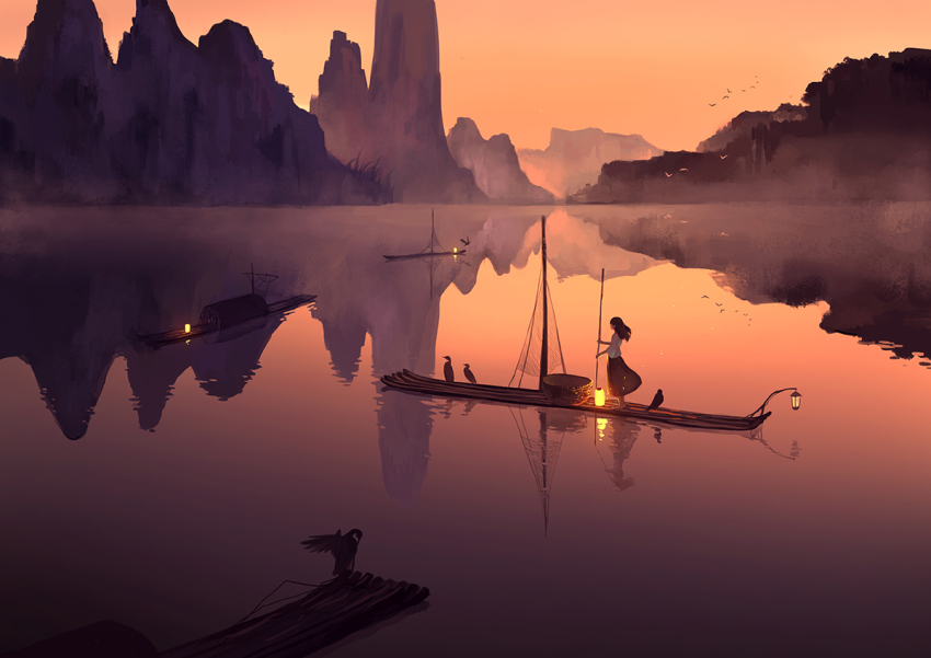 1girl, bad_id, bad_pixiv_id, basket, bird, black_hair, female_focus, han_yijie, horizon, landscape, lantern, long_hair, mountain, nature, original, pole, raft, reflection, river, scenery, skirt, solo, sunset, vanishing_point, water, wind