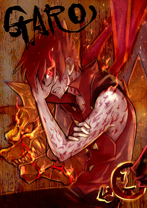 10s, 1boy, bare_shoulders, coat, copyright_name, full-body_tattoo, garo:_honoo_no_kokuin, garo_(tokusatsu_character)