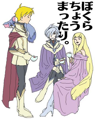 1girl, 2boys, ^_^, blonde_hair, boots, bracelet, cape, cup