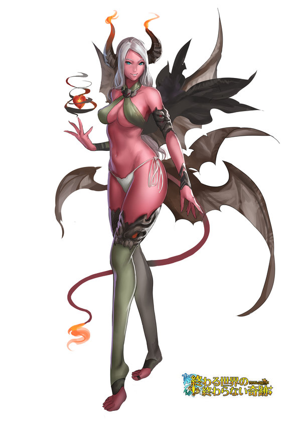 1girl, bikini, breasts, cleavage, colored_skin, demon_girl, demon_tail, female_focus, green_eyes, horns, large_breasts, oversized_wings, long_hair, looking_at_viewer, monster_girl, multiple_wings, narongchai_singhapand, navel, panties, red_skin, satan_(mythology), smile, solo, swimsuit, tail, thighhighs, underwear, white_hair, wings