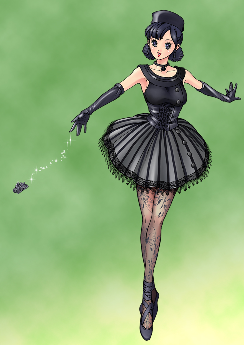 1girl, ballet_slippers, black_hair, commentary_request, earrings, elbow_gloves, female_focus, gloves