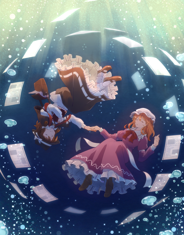 2girls, bag, blonde_hair, book, bow, brown_hair, bubble, capelet