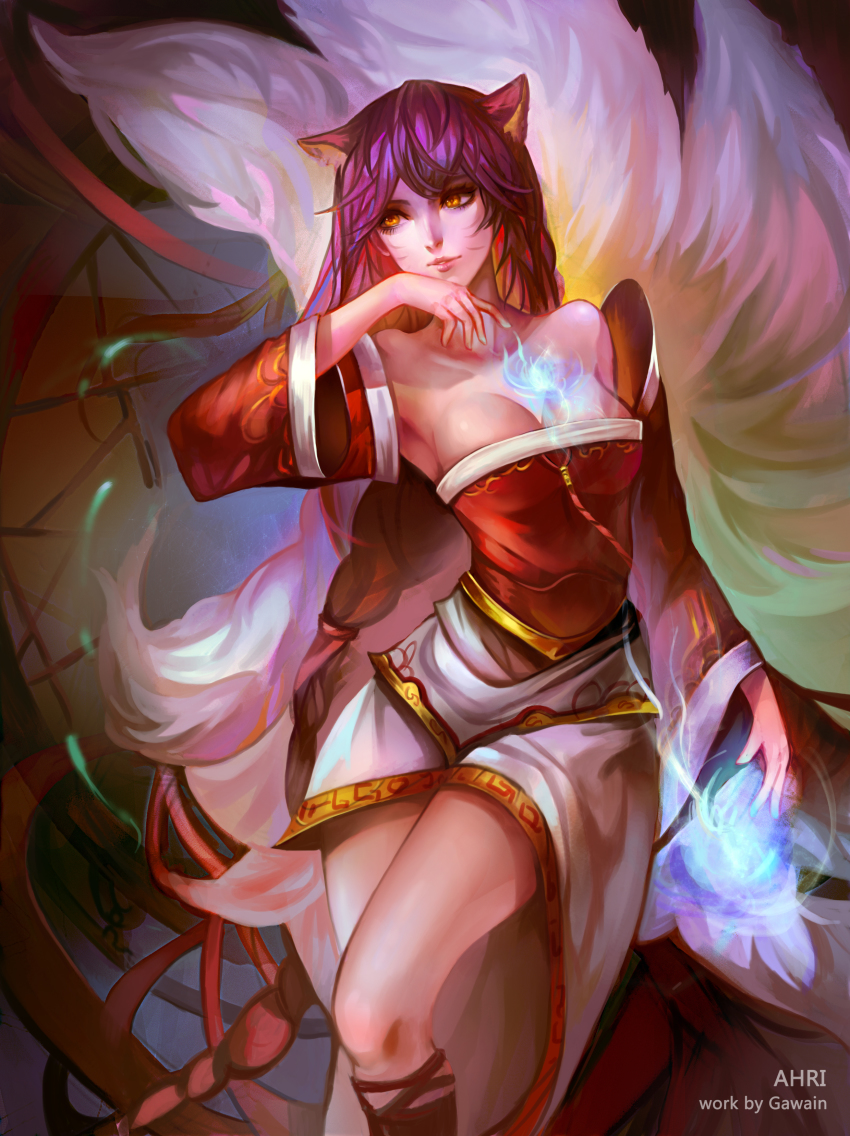 1girl, absurdres, ahri_(league_of_legends), animal_ears, armpits, blue_hair, braid, breasts