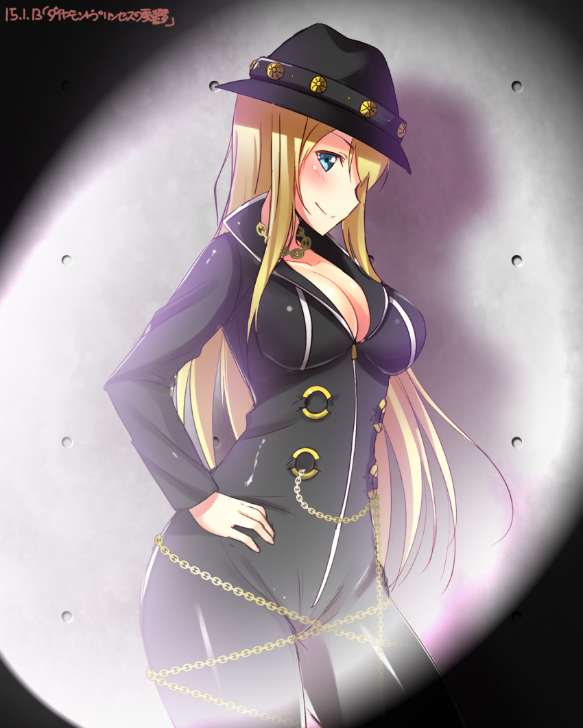 10s, 1girl, alternate_costume, aqua_eyes, ayase_eli, blonde_hair, breasts, cleavage, dated, diamond_princess_no_yuuutsu, female_focus, from_side, hands_on_own_hips, highres, large_breasts, long_hair, love_live!, love_live!_school_idol_festival, love_live!_school_idol_project, smile, solo, song_name, yu-ta