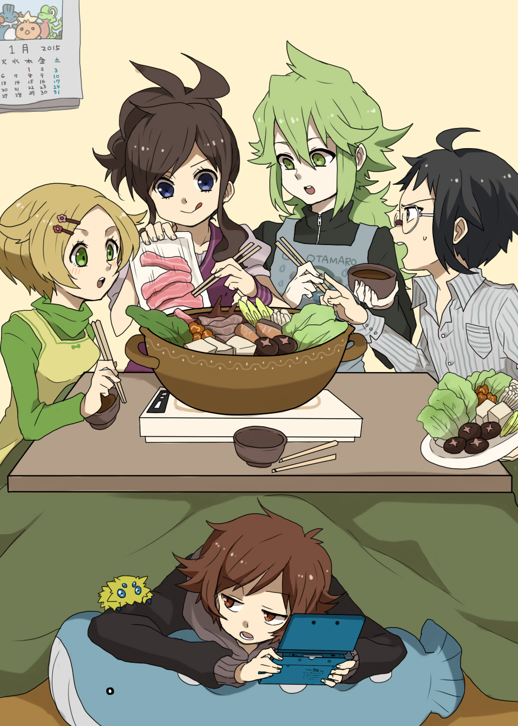 10s, 2girls, 3boys, alternate_costume, apron, bianca_(pokemon), black_hair, blonde_hair