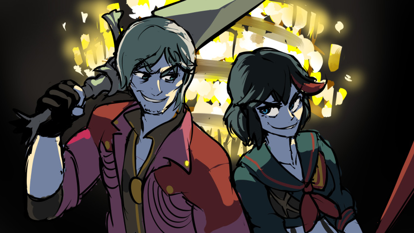 10s, 1boy, 1girl, back-to-back, bad_id, bad_tumblr_id, black_hair, crossover