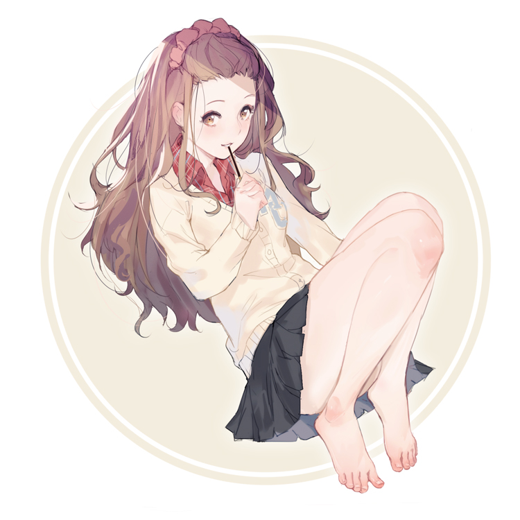 1girl, aihara_miu, barefoot, blush, brown_hair, ekao, feet, food, hairband, legs, looking_at_viewer, pocky, skirt, smile, sweater, toes, tokyo_7th_sisters