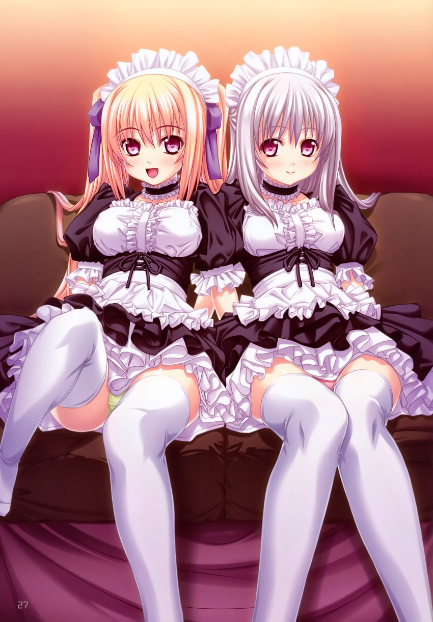 2girls, :d, absurdres, apron, blonde_hair, blush, breasts, choker