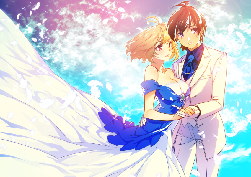 10s, 1boy, 1girl, angelise_ikaruga_misurugi, bare_shoulders, blonde_hair, breasts, bride