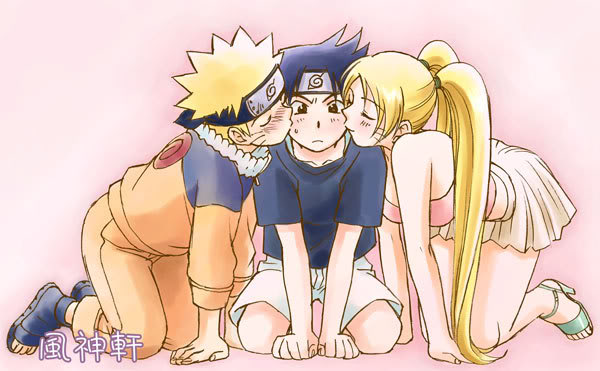 1girl, 2boys, baorai, bisexual_male, black_hair, blonde_hair, brown_eyes, forehead_protector, genderswap, genderswap_(mtf), gradient_background, high_heels, kiss, kneeling, long_hair, multiple_boys, naruko_(naruto), naruto_(classic), naruto_(series), sexy_no_jutsu, shirt, shorts, t-shirt, twintails, uchiha_sasuke, uzumaki_naruto