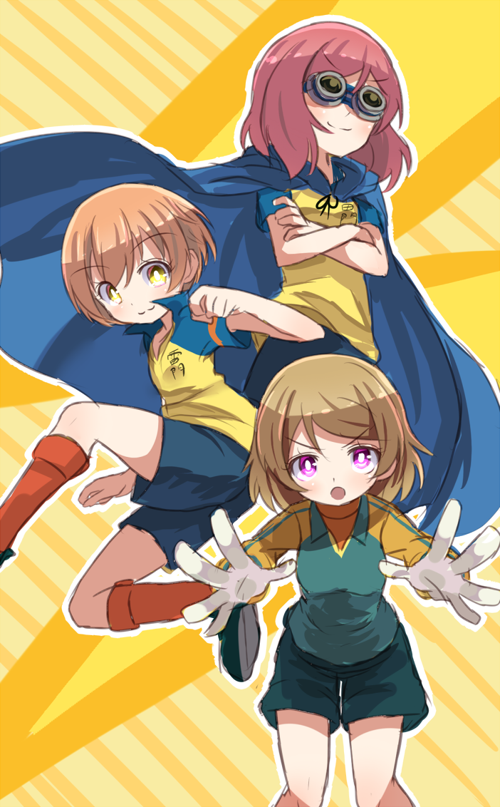 >:), >:o, 10s, 3girls, :3, :o, armpit_peek, brown_hair, cape, cosplay, endou_mamoru, endou_mamoru_(cosplay), goggles, gouenji_shuuya, gouenji_shuuya_(cosplay), hoshizora_rin, inazuma_eleven, inazuma_eleven_(series), kidou_yuuto, kidou_yuuto_(cosplay), koizumi_hanayo, love_live!, love_live!_school_idol_project, multiple_girls, nishikino_maki, orange_hair, raimon, raimon_soccer_uniform, red_hair, shipii_(jigglypuff), short_hair, soccer_uniform, sportswear, v-shaped_eyebrows