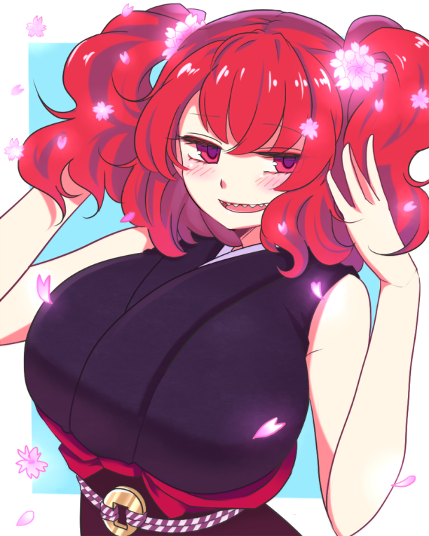 1girl, adapted_costume, alternate_headwear, bianco_(mapolo), blush, breasts, cherry_blossoms, coin