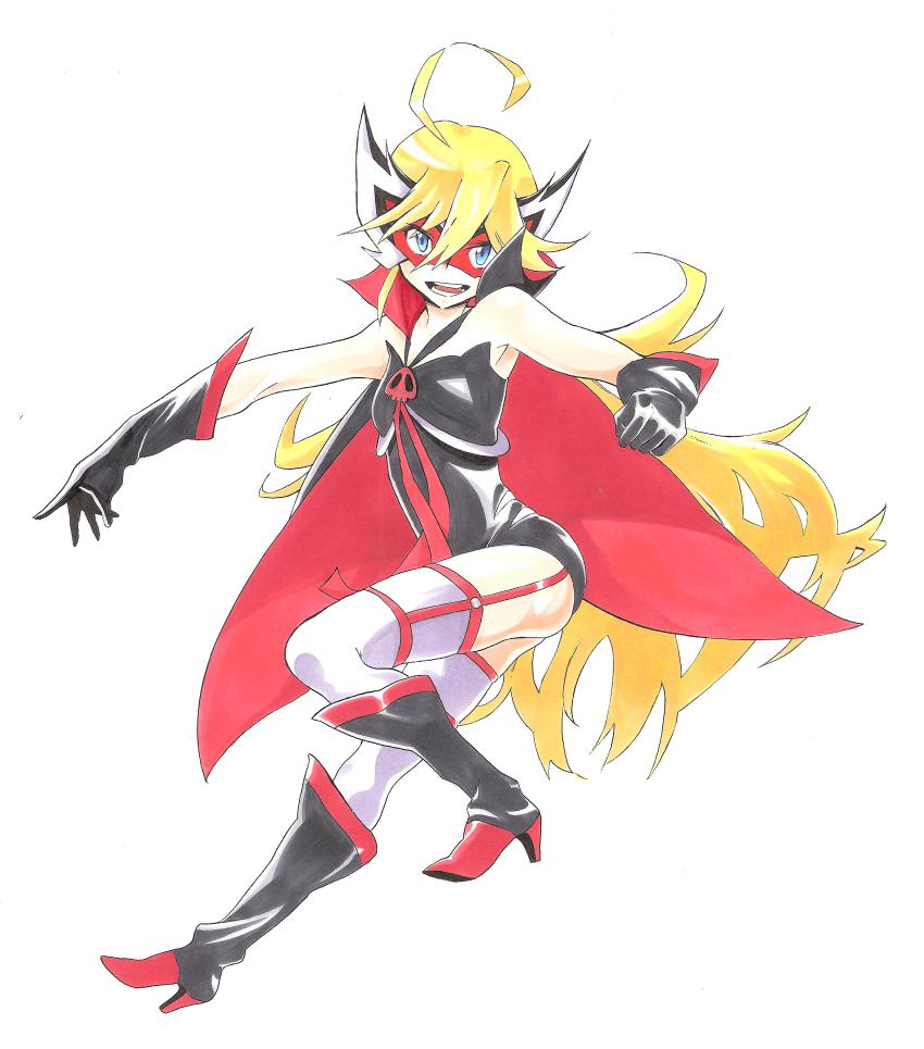 10s, 1girl, :d, absurdres, ahoge, blonde_hair, blue_eyes, boots