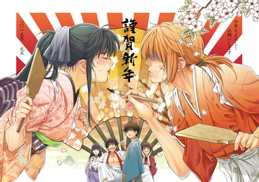 3boys, 3girls, alcohol, blush, calligraphy_brush, cherry_blossoms, couple, cup