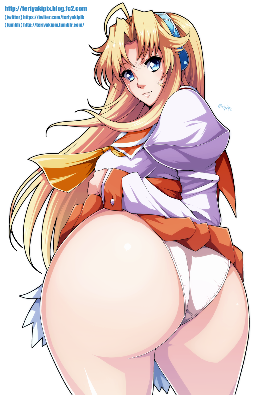 1girl, ahoge, ass, bad_id, bad_nijie_id, blonde_hair, blue_eyes, breasts, clothes_lift, curvy, female_focus, from_behind, happy_princess, highres, hiromin, huge_ass, large_breasts, lieselotte_von_rozencrone, light_smile, long_hair, looking_at_viewer, looking_back, original, panties, plump, shiny_skin, skirt, skirt_lift, solo, thick_thighs, thighs, twitter_username, underwear, wide_hips