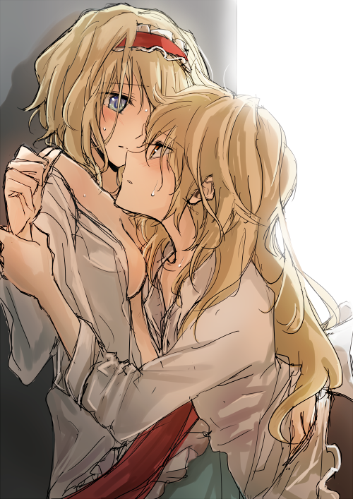 2girls, alice_margatroid, blonde_hair, blue_eyes, blush, breasts, hairband, hug