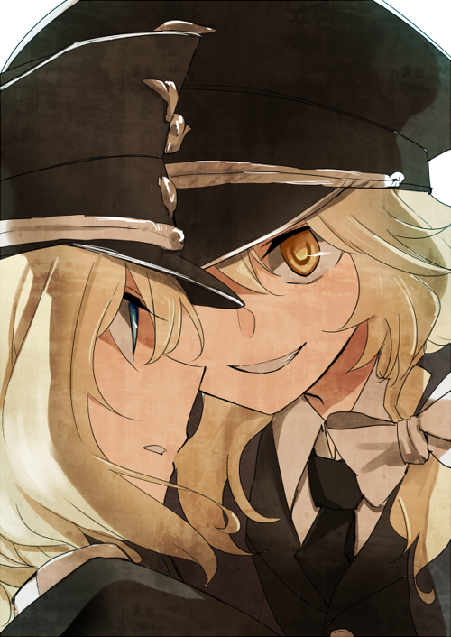 2girls, alice_margatroid, alternate_costume, blonde_hair, blue_eyes, braid, face-to-face, hat, kirisame_marisa, military, military_uniform, mitsunara, multiple_girls, nazi, peaked_cap, sailor_hat, single_braid, smile, touhou, upper_body, yellow_eyes