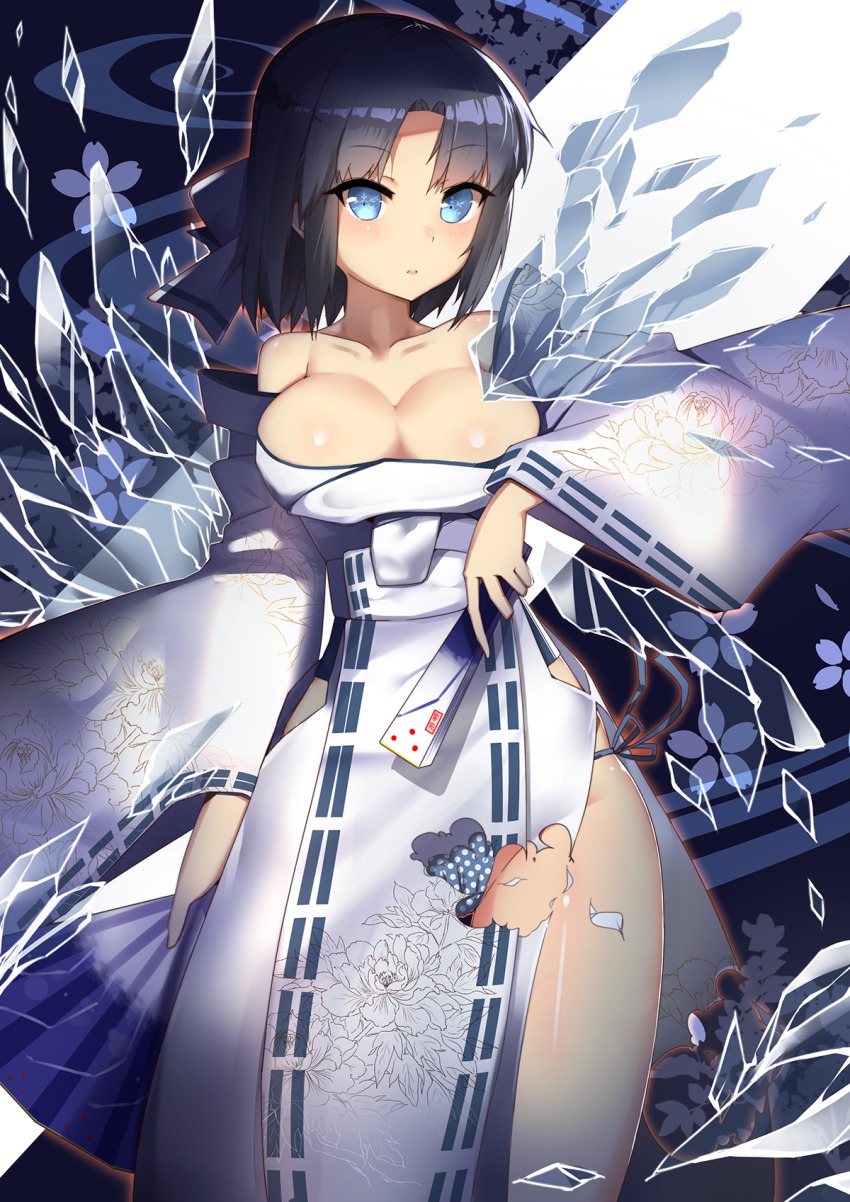 10s, 1girl, bare_shoulders, black_hair, blue_eyes, blue_panties, bow, breasts