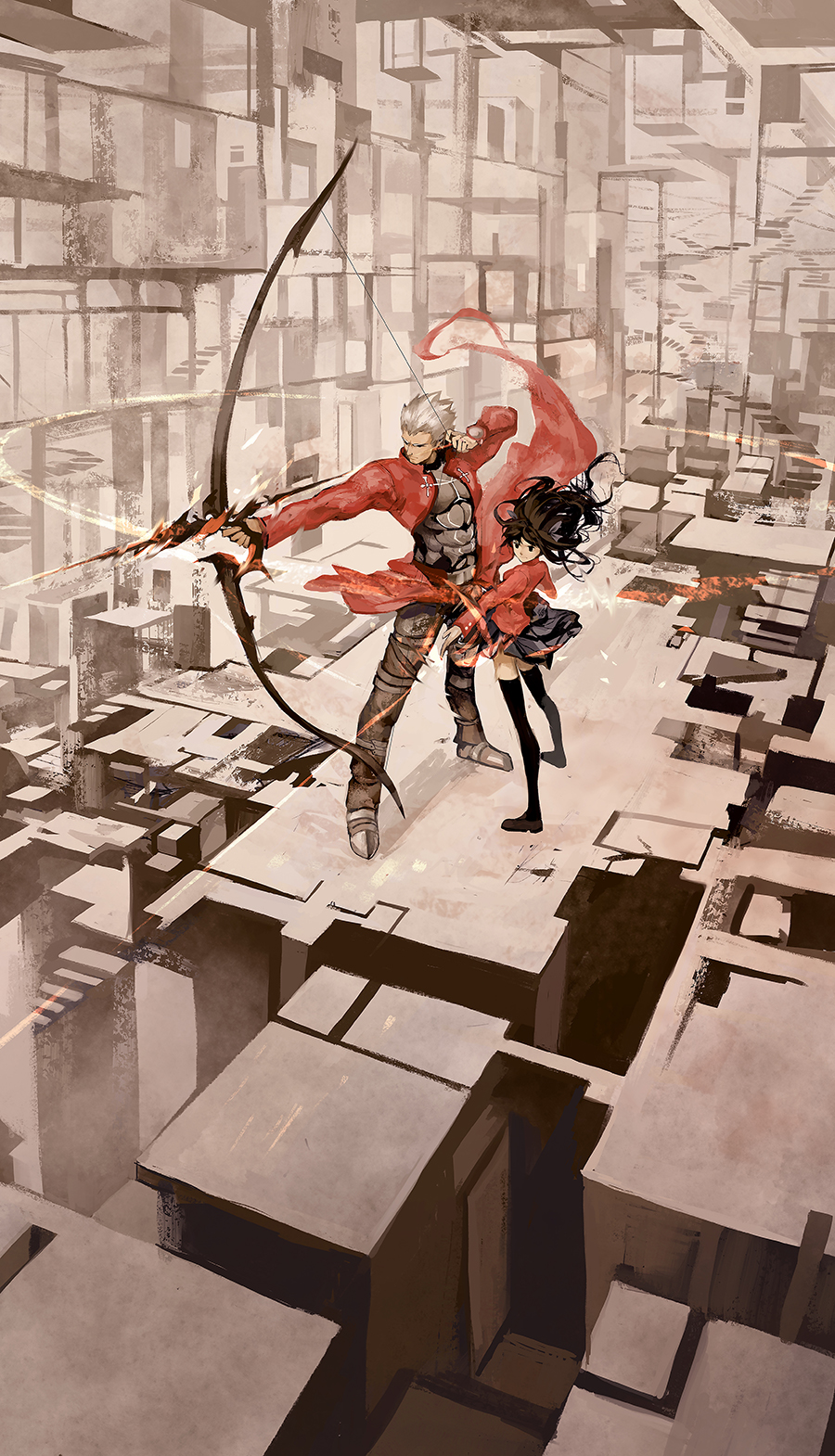 1boy, 1girl, archer_(fate), arrow_(projectile), back, bad_id, bad_pixiv_id, black_thighhighs