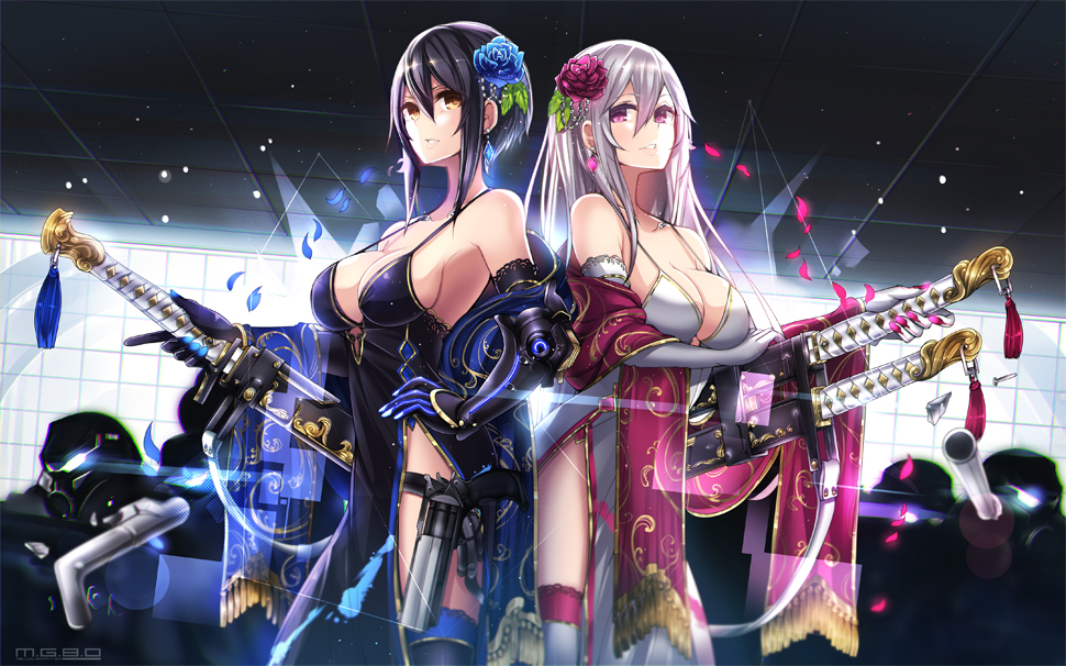 2girls, black_dress, black_gloves, black_hair, black_legwear, breasts, cleavage, contrapposto