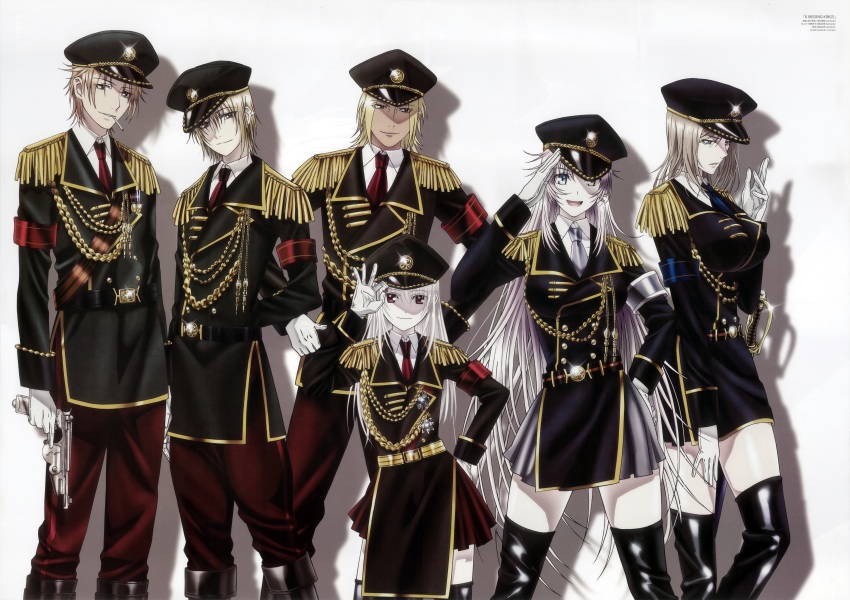 10s, 3boys, 3girls, absurdres, awashima_seri, black_footwear, blonde_hair, blue_eyes, boots, breasts, dark_skin, earrings, gloves, gun, hand_on_own_hip, hat, heterochromia, highres, huge_filesize, jewelry, k-project, kamamoto_rikio, knee_boots, kusanagi_izumo, kushina_anna, large_breasts, long_hair, military, military_uniform, multiple_boys, multiple_girls, neko_(k-project), pink_hair, smoking, thighhighs, totsuka_tatara, weapon, white_gloves
