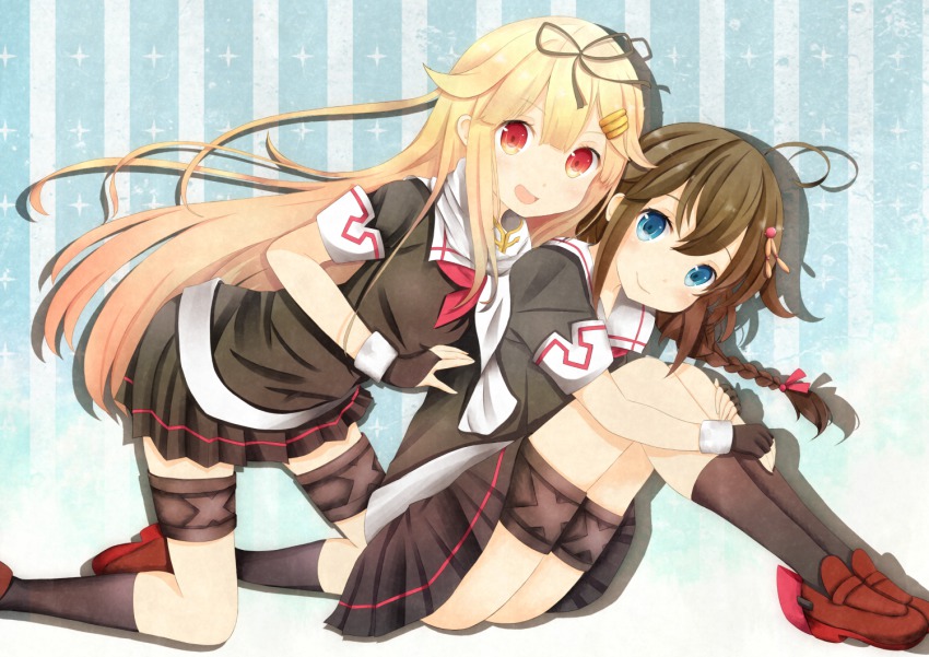 10s, 2girls, :d, bad_id, bad_pixiv_id, black_gloves, black_serafuku, black_skirt