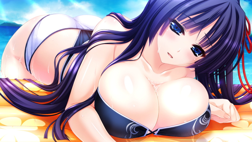 1girl, amasaka_takashi, ass, bikini, blue_eyes, blush, breast_rest, breasts