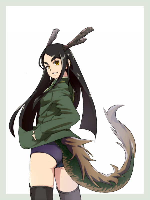 1girl, ass, black_hair, black_thighhighs, clothing_cutout, cowboy_shot, dragon_girl, dragon_horns